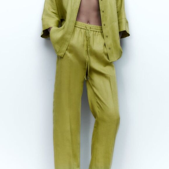 Zara 100% Linen Green Pants New - Picture 4 of 9
